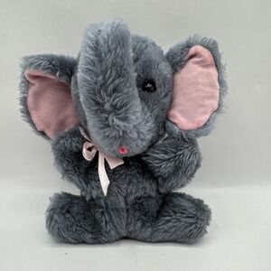 Vintage 1975 Dakin Blue Gray Elephant Plush Animal 7" Tall Pink Ears Tail Tongue